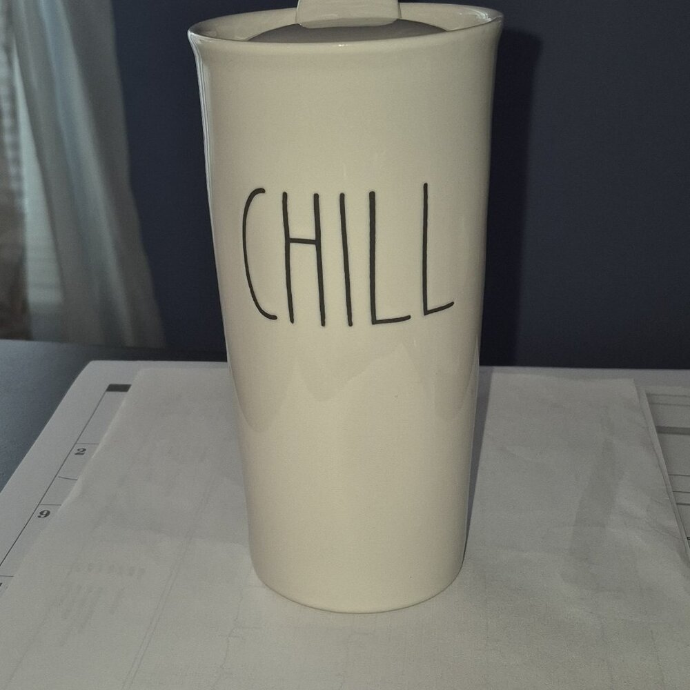 Rae Dunn Ceramic "Chill" Travel Mug Tumbler w/Lid Artisan Collection Ivory NEW!!